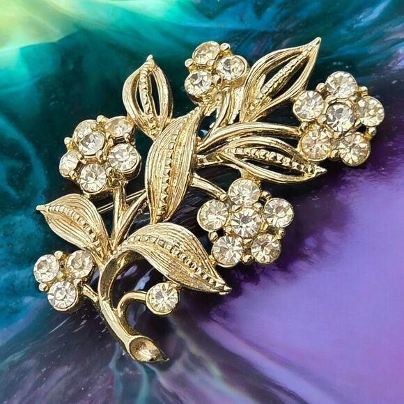 Signed Silver Tone Lisner Brooch & Earring Set Leaf Stemmed Rhinestone Flowers - Picture 5 of 11